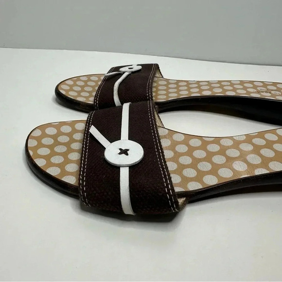 KATE SPADE Toby Brown Button Slides Polka Dot Canvas Leather Sandals Size 10 - Picture 5 of 10